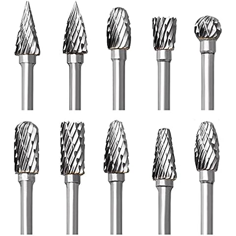 Carbide Rotary Burr Set, 10 pcs Double Cut Tungsten Steel Dremel Rotary Tool Bits with 3mm (1/8 inch) Shank, Die Grinder Bits for DIY Woodworking Carving, Drilling, Engraving, Metal Polishing Cover