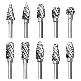 Tungsten Carbide Rotary Burr Set for Dremel, 10PCS Carbide Double Cut Carving Burr Bits with 1/8” Shank Rotary Tool Accessories for Woodworking, Engraving, Drilling, Steel Metal Working