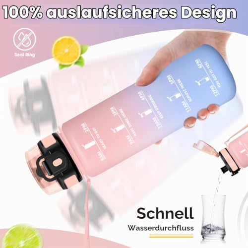 KollyKolla Sportflasche 1L, Trinkflasche mit Zeitmarkierung und Filter, Trinkflasche Kohlensäure Geeignet, Auslaufsicher… – Ansicht 4