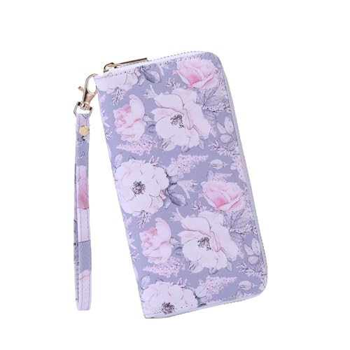 Wristlet Wallets for Women, PU Leather Printed Zip Around Wallet Phone Clutch Purse Card Holder Organizer (Flowers)