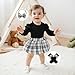 FOMOYUU Infant Baby Girl Fall Winter Outfits Long Sleeve Plaid Skirt Romper Dress Headband Socks Set Fashion Clothes (Black, 3-6 Months)