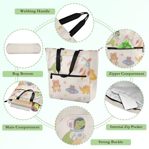 Bolsa de mano escolar y de compras reutilizable con estampado de dinosaurio cohete 5