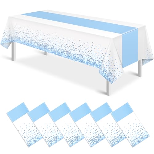 MASHAN 6Pcs White and Light Blue Polka Dot Plastic Rectangular Tablecloths, 54x108 Inch, Spill Resistant, Perfect for Birthday, Wedding, Graduation Parties