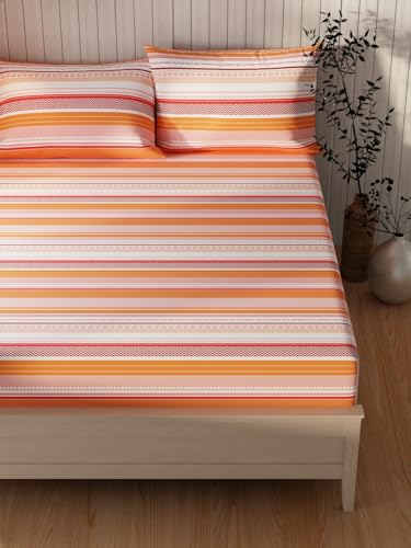 Image of KOPA Extra Smooth Cotton Double Bedsheet with 2 Pillow Covers -3pc Set (Lopez) | Extra Smooth Cotton | 1 Double Bedsheet with 2 King Size Pillow Covers Stripe-Orange /Multi