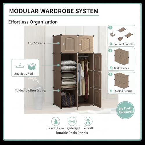 Image of EXVITO Collapsible Wardrobe Storage Cabinet | 8 Door Plastic Modular Clothes Organizer for Kids | Foldable Wardrobe Storage Rack with Hanging Space | Multi-Purpose Kids Closet Organizer - Brown