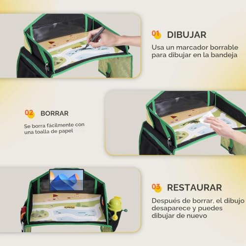 Miniatura 4 de Jovikids Mesa Plegable Para Niños, Bandeja De Coche, Almacenamiento, Juguete Educativo Y Tablero Dibujo Borrable De Coche, Avión, Accesorios Viaje Verde