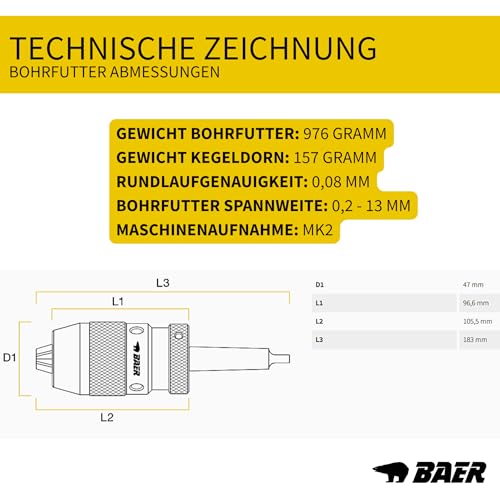 Foto von BaerCoil BAER Bohrfutter mit Kegeldorn DIN 238 0,2-13 mm - Kegeldorn: MK 2 - Qualitätsbohrfutter - Bohrhammer - Bohrkopf - Spannfutter - Schnellspannfutter
