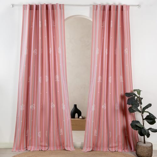 Image of Tranquebar Curtain Co. Window Curtains 5 Feet, 60-65% Room Darkening,Pink Rabah, Cotton Curtains for Window, Cotton Curtains 5 Feet Long Set of 2, BackTab Loops,Rabah(152 cm) - Set of 2