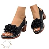 ,Negro,37 EU,Sandalias Para Mujer Con Decoración Floral, Sandalias De Verano Punta Abierta Con Tacón Grueso Zapatos Slingback Cómodos Ligeros Zapatos Casual Para Vacaciones Uso Diario Ocio