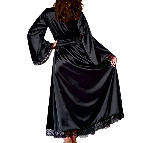 HGps8w Bata larga sexy para mujer, con ribete de encaje, kimono largo, ligero, para damas de honor, pijama, camisón con cinturón, Negro -, S