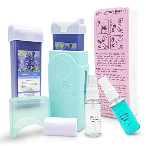 Roll On Wax Kit for Hair Removal, Roller Wax Machine for Women and Men, Depilatory Wax with Warmer, Wax Cartridge, Strips and Waxing Spray (Blue)