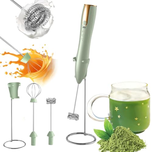 Image of Rechargeable Handheld Milk Frother Wand with Stand | Foam Maker, 2 Detachable Whisk Drink Mixer, Frother Wand with 3 Speed for Coffee, Matcha, Latte,Egg, (Green)