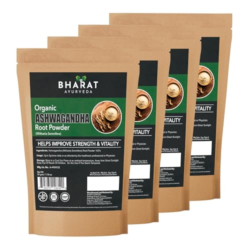 Image of Organic Ashwagandha Root Powder 200g - Pure Herbal Supplement for Stress Relief, Energy & Immunity |Support Strength & Vitality| Pack of 4-50g each