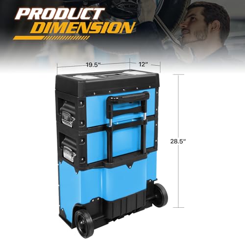 Image of Magshion Heavy-Duty Rolling Tool Box, 3-Tier Stackable Tool Chest System with Wheels & Drawers, Modular Organizer for Small Parts and Tools, Mobile Garage Workshop Storage in Black /Blue