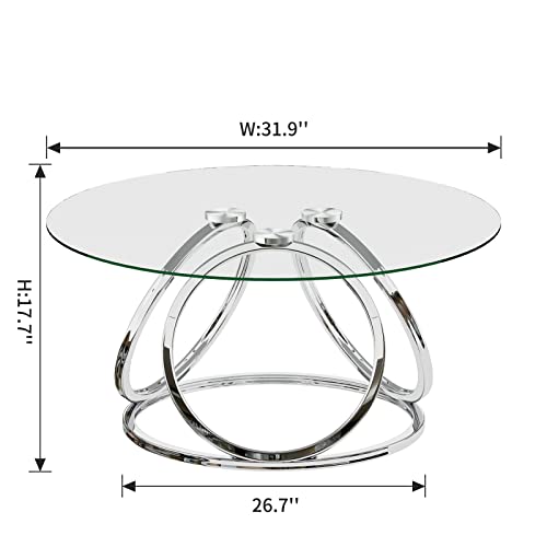 O&K FURNITURE Silver Coffee Table, Modern Glass Coffee Table Living Room Table with Ring-Shaped Frames, Glass Coffee Table for Home&Office, Chrome Finish, 1 PC | Modern, Living Room Table, Glass Coffee Table, Home&Office, 1 PC