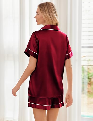 Image of Ekouaer Womens Silk Satin Pajama Sets Soft Short Sleeve Button Down Sleepwear Top and Shorts 2 Piece Pjs Lounge Set