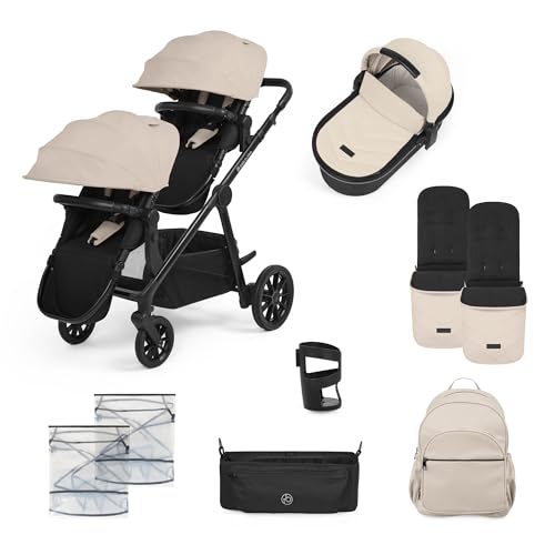Ickle Bubba Virgo Growing Family 11 Piece Pram – Single to Double Tandem Pushchair with Carrycot, Footmuffs, Rain Covers & Accessories, Suitable from Birth (Stone)