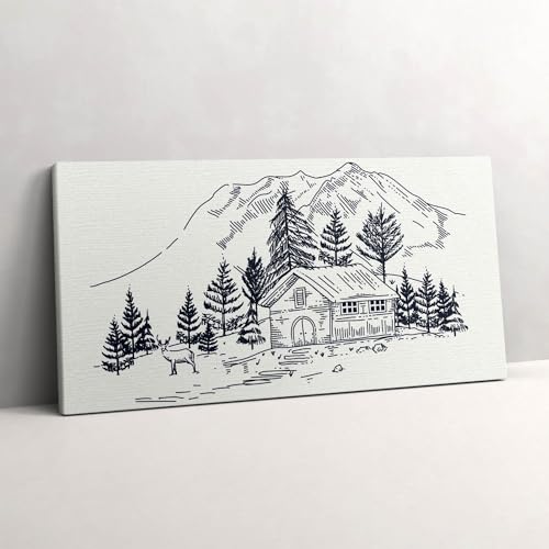 Dessin d'un chalet à la montagne peinture sur toile 120x60cm tableau déco moderne