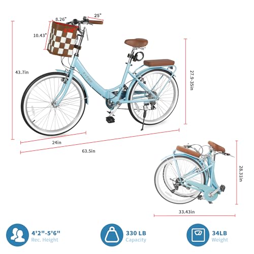 Foldable Beach Cruiser Bike for Women, 24Inch Bikes for Women, 7 Speed Commute Bike with Basket Adult Bicycles for Women, Dual V-Brake
