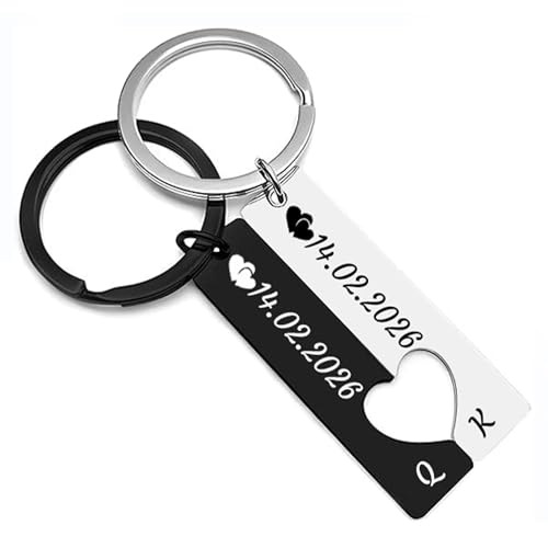Set de Porte-Clés Cœur Personnalisé pour Couple (2 Pièces) - Gravure avec Date et Prénoms - Cadeau d'Anniversaire, Saint-Valentin ou Fiançailles -...