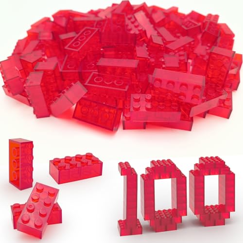 ZHX 100PCS Classic Transparent Building Bricks 2x4, Fully Transparent Bulk Bricks Parts and Pieces Compatible with Major Brands, Creative Play Set Block Toy Gift for Aged 3+ (Transparent Red)