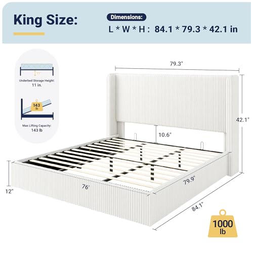 Image of Allewie King Lift-Up Storage Bed Frame, Corduroy Wingback Headboard, White