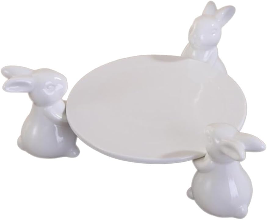 DOITOOL Bunny Rabbit Ceramic Plate, 12 Inch Bunny Cake Pan Cupcake Stand Easter Decorations for Home Weddings Dessert Plates, White