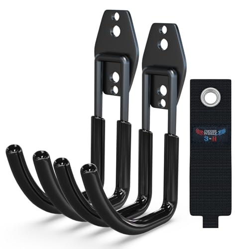3-H Ganchos de pared para garaje, ganchos dobles, 2 unidades, ganchos de pared, resistentes para escaleras, herramientas, manguera, herramientas eléctricas, color negro