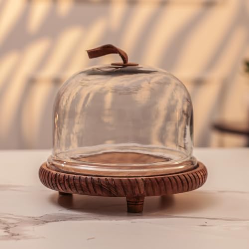 Image of Dessert Deck acacia Wood Cake Stand with Glass Dome | Round Wooden Cake Stand | Serving Plate for Wedding Birthday Parties | Pastry Display