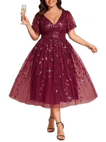 Image of Ever-Pretty Womens Embroidered Tulle Plus Size Cocktail Evening Party Dress A-Line Midi Wedding Guest Dresses for Curvy Women