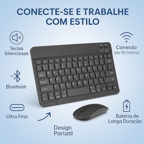 Combo Teclado e Mouse Bluetooth Ultrafino Sem Fio, Portátil e Recarregável E Teclado sem Fio - Compatível com Tablets Android