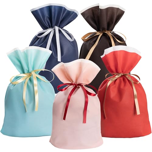 ラッピング プレゼント 袋 ギフトバッグ 【ふんわり不織布·リボン付き·3サイズ×5色展開】 ラッピング 袋 小 大 特大 ギフト袋 贈り物 人気 おしゃれ 収納 お祝い 記念日 結婚式 母の日 父の日 誕生日 バレンタイン クリスマス (SetA(M*5))の画像