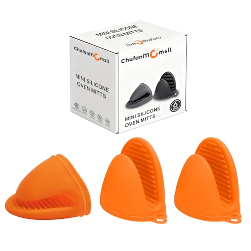 Oven Mitts Silicone Pot Holders Set Heat Resistant for Kitchen - ChufanMomsil 6 PCS Mini Silicone Oven Gloves Kitchen Mittens, Short Pot Pinch Grips for BBQ & Baking, Orange