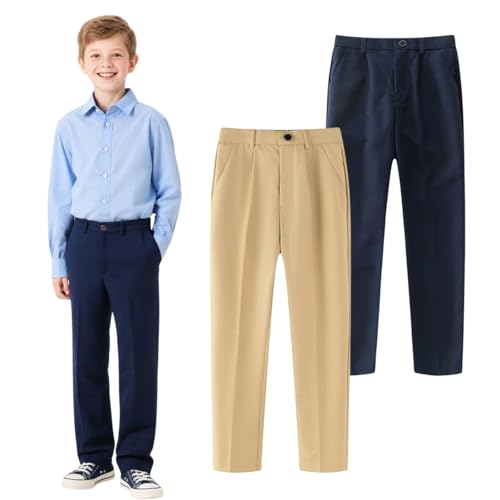 Image of HILEELANG Boys Girls School Uniform Pants Kids Dress Slacks Pants Elastic Classic Trousers 5-16 Years