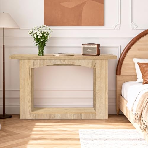 Image of Sonharlar 51 Inch Entryway Table U-Shaped Extension, 1.6 Inch Thick Desktop Wooden Console Table with Socket Farmhouse Sofa Table for Entrance, Hallway, Living Room,Behind Couch((Natural Brown)