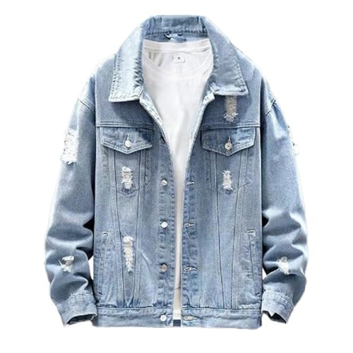 Men Button Distressed Denim Jacket Ripped Slim Trucker Jean