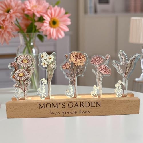 Husenic Custom Birth Flower 3D Crystal Acrylic LED Light with Childrens Names Moms Garden Night Light Personalized Crystal Flower Display Wooden Base Birth Month Floral Decor Gift for Mom