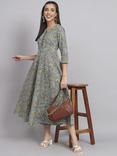 Image of Rapsodia Womens Cotton Green & Brown Floral Printed Flared Kurta