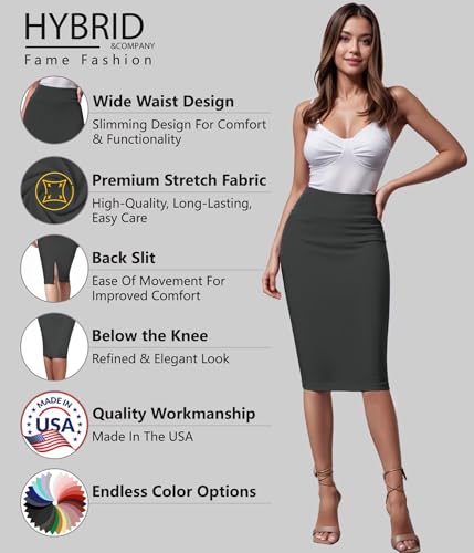 Image of Hybrid & Company Women's Premium Nylon Ponte Stretch High Waist Pencil Suit Skirt Below Knee