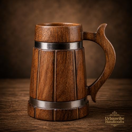 Image of Handmade Wooden Beer Mug, Wood with Sheesham Finish, Barrel Style, Lightweight & Durable, for Craft Beer, Home Bar, Cafe, Party, Gift(350ml) (Steel Band)