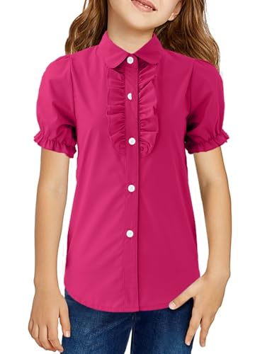 Image of Girls Short Sleeve Button Down Shirts Ruffle School Uniform Crop Tops Peter Pan Collar Plaid Blouse 4-13Y