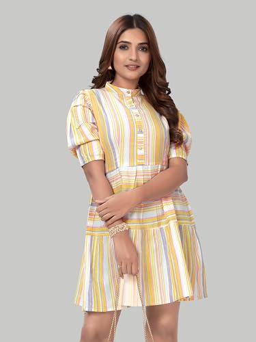 Image of Women's Cotten Light Colour Western Stripe Dress, Knee Length Puff Slevee