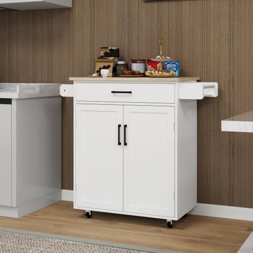 XUOXFUTZIG Versatile White Kitchen Storage Cart, Drawer & Double Doors, Mobile with Locking Casters, Easy Assembly, 6 Storage Compartments, Suitable for All Home Styles
