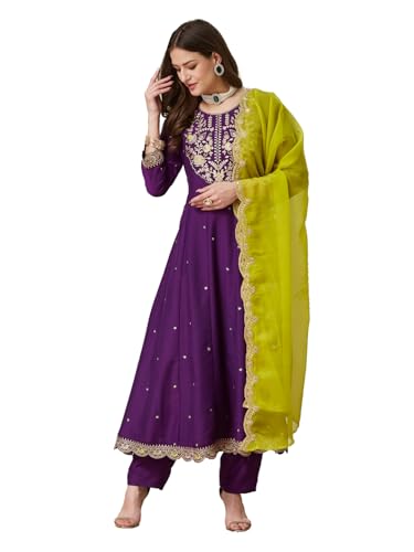 Image of MOKOSH Women's Silk Anarkali Kurta Pant with Dupatta | Anarkali Kurta Set | Round Neck 3 /4 Sleeve | 3 Piece Outfit | Indian Kurta Outfit With Palazzo Pant | Embroidered