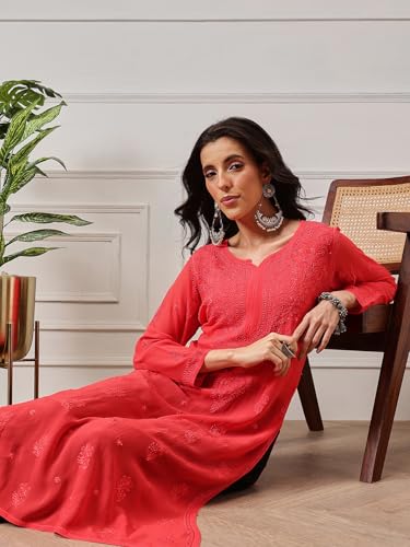 Image of Ada Hand Embroidered Lucknowi Chikankari Viscose Georgette Kurta Kurti for Women A411185