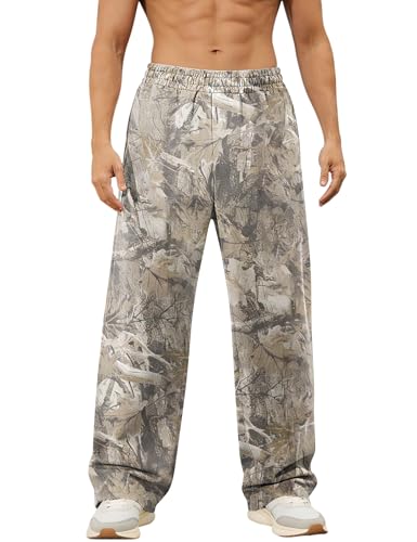 Burtell Mens Baggy Camo Sweatpants Graphic Workout Pants Wide Leg Athletic Jogger Pant Gym Sweatpant with Pocket Streetwear, Khaki Green, X-Large