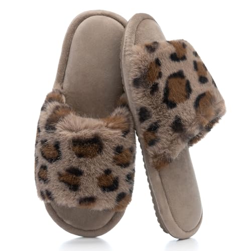 Women's Fuzzy Open-Toe House Slippers with Memory Foam Leopard