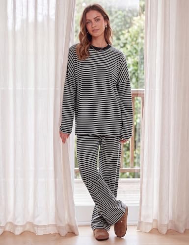 Image of MISSACTIVER Women's 2 Piece Striped Lounge Set Long Sleeve Oversized T-Shirt Wide Leg Pants Matching Pajamas Set