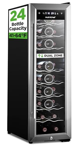 Image of NutriChef 24 Bottle Wine Fridge - Dual Zone Wine Chiller, Adjustable Temperature 41°F to 64°F, Ultra Quiet Operation, Free Standing Wine Cooler For Home, & Office, 39 x 11 x 23 IN (Black)