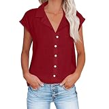 Leinenbluse Damen,Retro Einfarbig Leinenhemd Einreihiges Hemd Kurzarm Revers Hemdbluse Sommer Shirt Bequeme Blusenshirt Locker Oberteile Urlaub Strand Tunika Tops Blusen & Tuniken für Damen Hemden